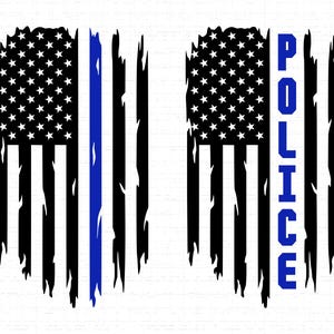 May include: Two distressed American flag designs. One features a blue stripe, the other has the word "POLICE" in blue. The flags have a black and white striped pattern with a field of white stars on a black background.