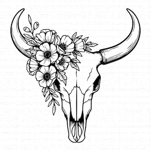 May include: Black and white illustration of a bull skull adorned with floral elements. The skull features long, curved horns and is decorated with detailed flowers and leaves, creating a decorative design.