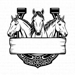 May include: Black and white illustration of three horse heads emerging from a horseshoe design. A blank wooden sign is centered below the horses, with an ornate decorative element at the bottom. The image is suitable for equestrian-themed products.