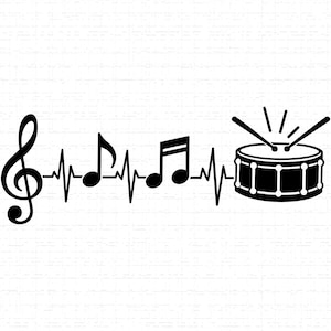 Könnte beinhalten: Schwarz-weiße Illustration mit musikalischen Elementen. Ein Violinschlüssel und Noten sind durch eine Herzschlaglinie verbunden, die zu einer Trommel mit Trommelstöcken führt. Die Trommel ist schwarz mit weißen Akzenten.