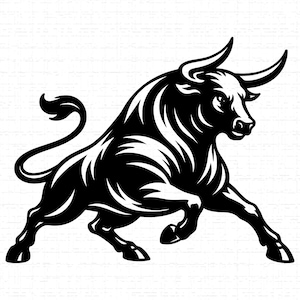 Puede incluir: Ilustración en blanco y negro de un toro embistiendo. El toro se muestra con las patas delanteras levantadas, los cuernos hacia delante y la cola enroscada. La imagen tiene un estilo gráfico fuerte, con líneas audaces y sensación de movimiento.
