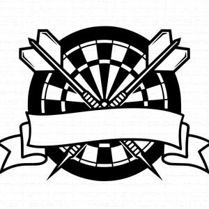 Logo tarczy do darta w formacie SVG: tarcza do darta i skrzyżowane lotki z niestandardowym banerem, monogram lotki, pliki do cięcia, SVG, PNG, natychmiastowe pobranie