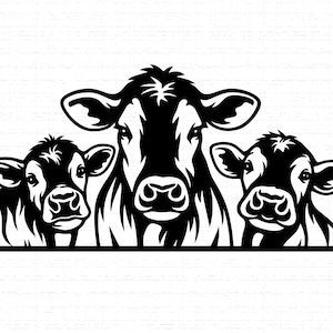 Op de afbeelding: Een zwart-wit grafische illustratie van drie koeien. De middelste koe is groter, met twee kleinere koeien aan weerszijden. De afbeelding is een eenvoudig, gestileerd ontwerp, perfect voor decoratie of knutselen met boerderijthema.