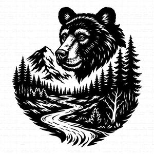 May include: Black and white illustration of a bear's head, mountains, river, and trees. The bear's head is in the upper portion of the image, with a detailed depiction of its fur and facial features. The scene is set within a circular frame.