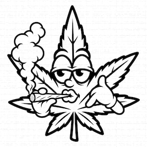 May include: Black and white cartoon illustration of a cannabis leaf with a face, smoking a rolled cigarette. The leaf has eyes, a mouth, and a gloved hand pointing to the right. Smoke billows from the cigarette.