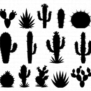 May include: A collection of black cactus silhouettes in various shapes and sizes, including prickly pear, saguaro, and barrel cactus. The cacti are set against a white background, creating a high-contrast, graphic design.