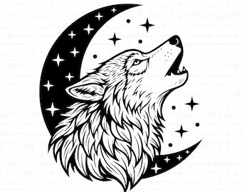 Howling Wolf SVG: T-Shirt Design Art, Celestial Moon, Wolf Head, Mystical Starry Night, Cut Files, SVG, PNG, Instant Download