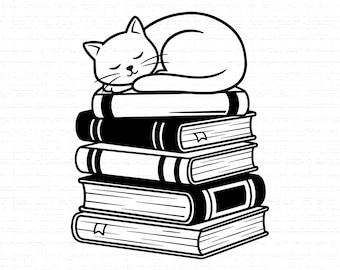 Cat Sleeping On Books SVG, PNG: Reading, Librarian Gift, Bookworm, Teacher Life, T-Shirt Design, Cut File, Instant Download