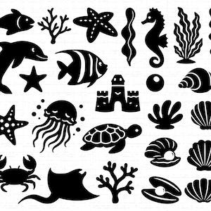 May include: A collection of black silhouette illustrations of various sea creatures and marine elements. The image includes fish, starfish, a dolphin, a seahorse, seaweed, shells, a crab, a stingray, a jellyfish, and a turtle.