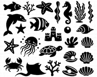 Ocean Animals Bundle SVG, PNG, Sea Life, Summer, Beach, Dolphin, Turtle, Seahorse, Starfish, Shell, Jellyfish, Cut File, Cricut, Silhouette