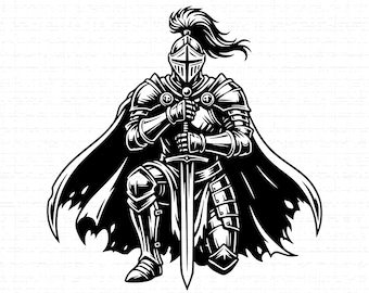 Medieval Knight Kneeling With Sword SVG: T-shirt Design, Templar Knight, Silhouette, Cut Files, SVG, PNG, Instant Download