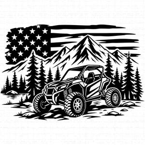 May include: Black and white graphic of an off-road vehicle with large tires, set against a backdrop of mountains, pine trees, and an American flag. The design evokes a sense of adventure and the outdoors.