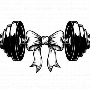 May include: Monochrome image of a dumbbell adorned with a bow. The dumbbell features weight plates on either side, and the bow is intricately drawn with flowing ribbons. The design suggests a fitness or gym-related theme, possibly a gift or celebration.