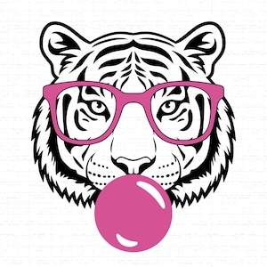 May include: A black and white illustration of a tiger's face wearing pink glasses and blowing a pink bubble. The tiger's fur is striped, and the glasses have a rectangular frame. The bubble is a perfect sphere.