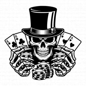 Op de afbeelding: Zwart-wit illustratie van een schedel met hoge hoed, die speelkaarten en pokerchips vasthoudt. De kaarten tonen een klaveren koning, een harten boer, een schoppen koning en een harten aas. Een stapel pokerchips staat onderaan.