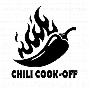 May include: Black and white graphic of a chili pepper with flames, and the text "CHILI COOK-OFF" below. The pepper is stylized with a curved shape and a stem. The flames are depicted with sharp, upward-pointing edges.