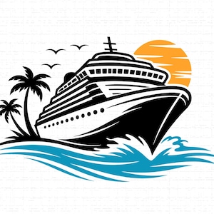 May include: Black and white illustration of a cruise ship sailing on blue waves, with a yellow sun in the background. Palm trees and birds are also featured in the image, creating a tropical vacation theme.