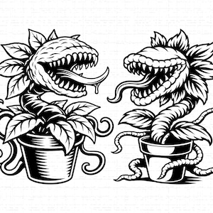 May include: Two black and white illustrations of carnivorous plants in pots. The plants have large, toothed mouths with long tongues, and are surrounded by leaves. The pots have decorative swirls.
