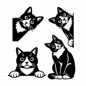 May include: Four black and white cat illustrations. One cat peeps from a corner, another looks over an edge, a third rests its paws on a surface, and the last sits upright.