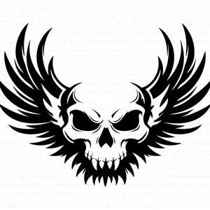 May include: A black and white graphic of a skull with large, stylized wings. The skull has sharp teeth and a menacing expression. The wings are detailed with multiple layers of feathers, creating a bold, striking design.