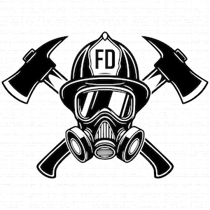 May include: A monochrome illustration featuring a firefighter's helmet with "FD" on the front, a gas mask, and two crossed axes. This design is a traditional symbol of the fire service.