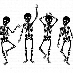 May include: A black and white illustration featuring four stylized skeletons in various poses. One skeleton raises an arm, another covers its head, and the others strike dancing poses. The skeletons are set against a textured white background.