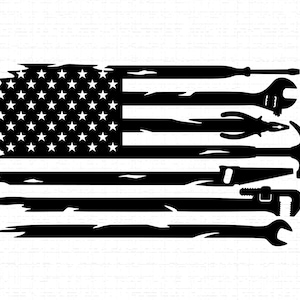 May include: Black and white graphic design of the American flag, with the stripes replaced by various tools. The tools include a screwdriver, wrench, pliers, hammer, saw, adjustable wrench, and a crescent wrench. The flag's stars are visible.