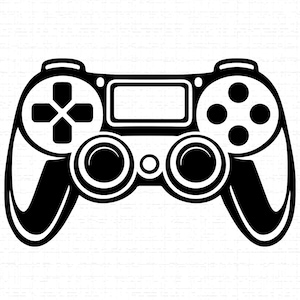 Può includere: Illustrazione in bianco e nero di un controller per videogiochi. Il controller presenta un pad direzionale, quattro pulsanti azione, due levette analogiche e un pulsante rettangolare centrale. Design simmetrico e moderno.