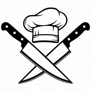 May include: A monochrome illustration featuring a chef's hat and two crossed knives. The knives have black handles with white rivets. The chef's hat is white with a black outline, and the knives are crossed at the blades.