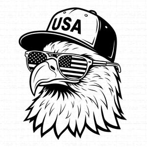 Può includere: Illustrazione in bianco e nero di un'aquila con occhiali da sole con il design della bandiera americana e un berretto da baseball con la scritta "USA". La testa dell'aquila è il punto focale, con piume dettagliate e un becco forte.