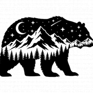 Puede incluir: Silueta negra de un oso con una escena de montaña y bosque en su interior. El contorno del oso contiene un cielo nocturno con una luna creciente, estrellas y una estrella fugaz. Las montañas y los árboles también son negros.