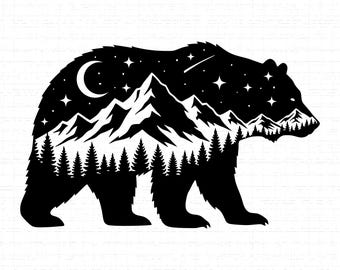 Outdoor Bear SVG: Mountains Forest Scene, T-Shirt Design, Nature Lover, Outdoors, Camping, Cut Files, SVG, PNG, Instant Download