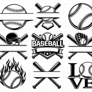 Op de afbeelding: Een verzameling zwart-wit baseball-thema graphics. Ontwerpen omvatten honkballen, knuppels, handschoenen, helmen en vlammen. Sommige ontwerpen hebben ruimte voor tekst. Perfect voor sportfans en knutselprojecten.