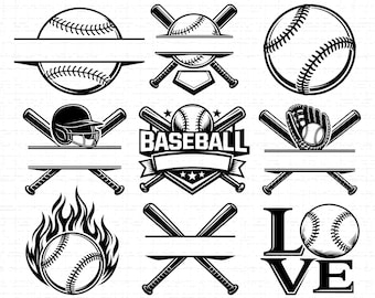 Baseball Bundle SVG, PNG, Split Frame Sports Emblem Collection, Crossed Bats Ball Badge Designs, Team Logo Cut File, Cricut Clipart