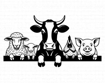 Farm Animals Peeking SVG: T-Shirt Design, Cow, Sheep, Chicken, Pig, Farmhouse Decor, Farm Life, Cut Files, SVG, PNG, Instant Download