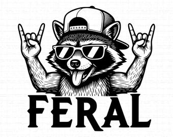Feral Raccoon SVG: T-Shirt Design, Funny Animal, Rock Hand Sign, Punk Rock, Sunglasses Raccoon, Cut Files, SVG, PNG, Instant Download