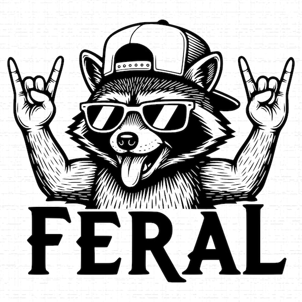 Raton laveur sauvage SVG : conception de t-shirt, animal drôle, signe de la main rock, punk rock, lunettes de soleil raton laveur, fichiers de coupe, SVG, PNG, téléchargement immédiat