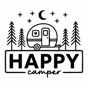 May include: A black and white illustration of a campervan with a heart-shaped window, set amongst pine trees, stars, and a crescent moon. The words "HAPPY camper" are in a rectangular frame.