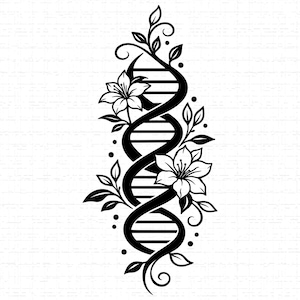 May include: Black and white illustration of a DNA strand intertwined with floral and leaf elements. The design features two flowers and several leaves, with small dots accenting the design. The overall theme is a blend of science and nature.
