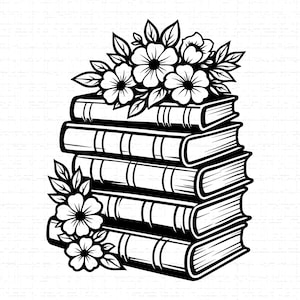 Può includere: Illustrazione in bianco e nero di una pila di libri con accenti floreali. I libri sono ordinatamente disposti, con dorsi e pagine dettagliati. Fiori e foglie delicati adornano la parte superiore e laterale della pila di libri, creando un design affascinante.