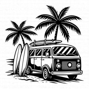 Puede incluir: Ilustración en blanco y negro de una furgoneta vintage en una playa, con tablas de surf y palmeras. Una tabla de surf está montada en el techo de la furgoneta. Tema de vacaciones en la playa.