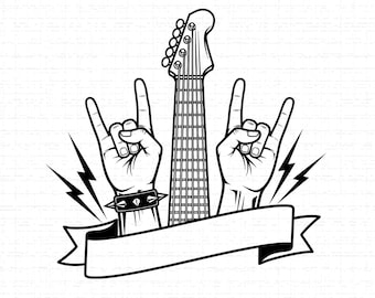May include: Black and white illustration featuring a guitar, two hands making the rock on gesture, and lightning bolts. One hand has a studded wristband. A blank banner is at the bottom.