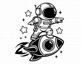 Puede incluir: Ilustración en blanco y negro de un astronauta en un cohete. El astronauta, con un casco, señala hacia adelante. Estrellas y elementos espaciales rodean el cohete.