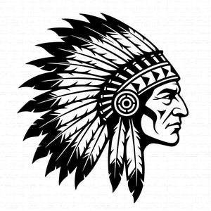 May include: A black and white illustration of a Native American man in profile, wearing a traditional feathered headdress. The headdress features numerous feathers and intricate geometric designs. The man's face shows a strong profile.