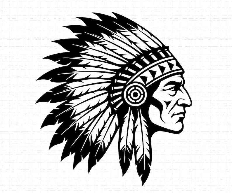 May include: A black and white illustration of a Native American man in profile, wearing a traditional feathered headdress. The headdress features numerous feathers and intricate geometric designs. The man's face shows a strong profile.