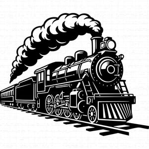 May include: Black and white illustration of a vintage steam train. The train is depicted in profile, with a detailed engine, passenger cars, and billowing smoke. The train is on a track.