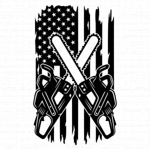 May include: Black and white graphic of the American flag with two crossed chainsaws. The flag design features stars and stripes with a distressed, vintage look. The chainsaws are detailed and positioned over the flag.