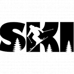 Peut inclure: Graphisme noir et blanc avec le mot "SKI". La lettre "S" présente une silhouette de pin, la lettre "K" un skieur et la lettre "I" une autre silhouette de pin.