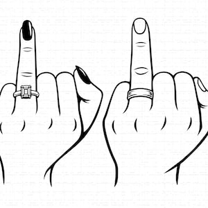 Puede incluir: Ilustración en blanco y negro de dos manos mostrando el dedo corazón. Una mano tiene un anillo con una gema cuadrada, la otra una banda simple. Ambas manos tienen esmalte de uñas negro.