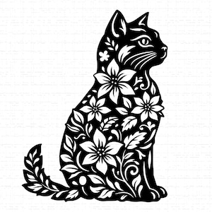 May include: A black cat silhouette adorned with white floral and leaf patterns. The cat is shown seated, facing right, with its tail curled. The design is detailed and suitable for various craft projects, offering a decorative element.